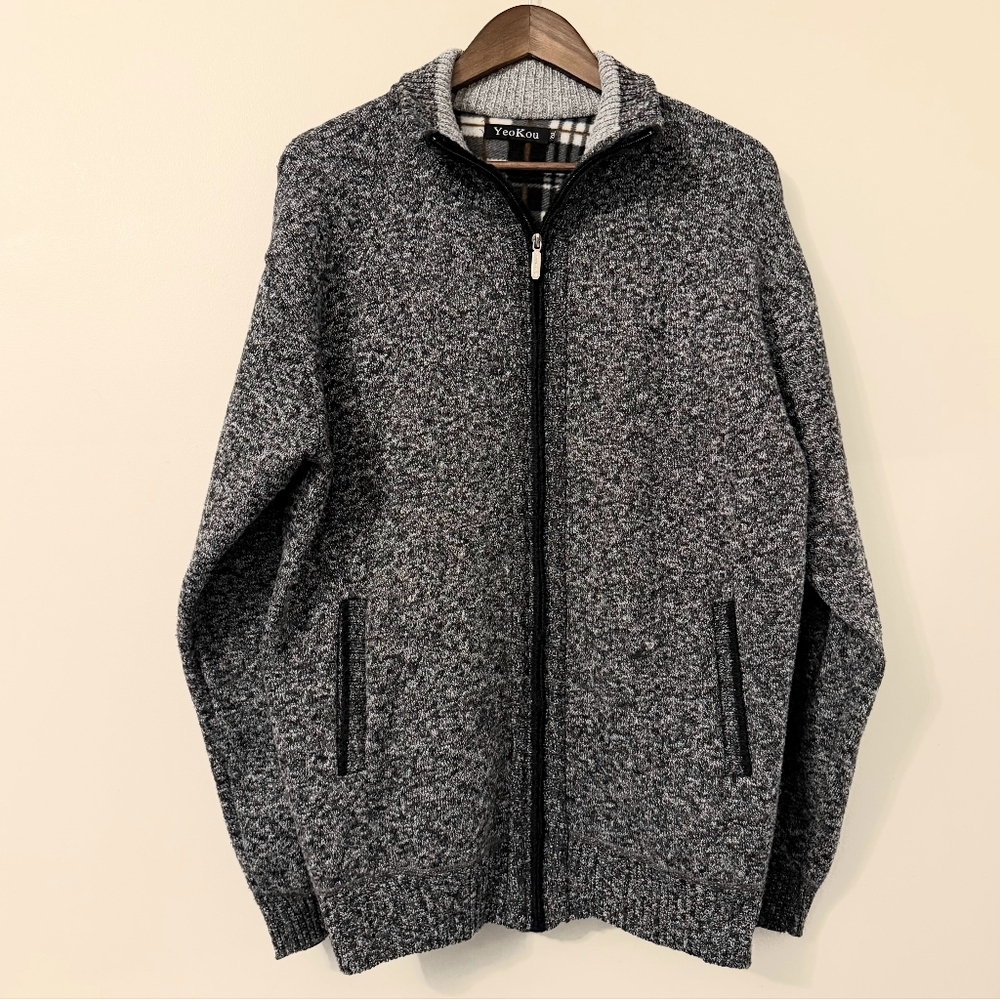 Cashmere Wool Luxe Smart Casual Knit Sweater Fleece Gray Mens Zip Yeokou 2XL